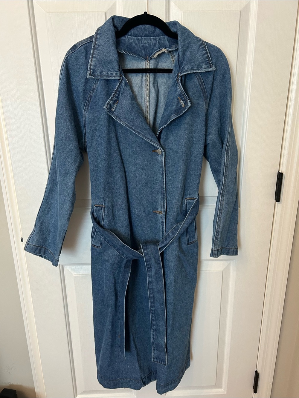 Classic Blue Denim Trench Coat with Belt - Women's Jeans